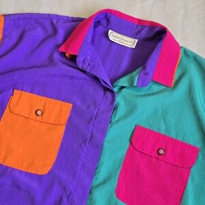 Vintage Saint Germain II Colorblock Button-Up Shirt Purple, Teal, Pink & Orange